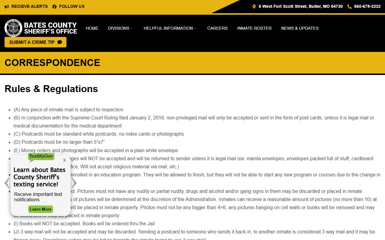 Bates County Jail inmate mail and correspondence rules