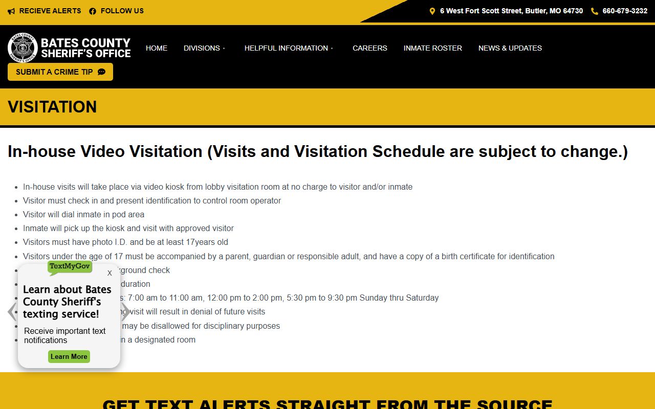 Bates County inmate records visitation schedule
